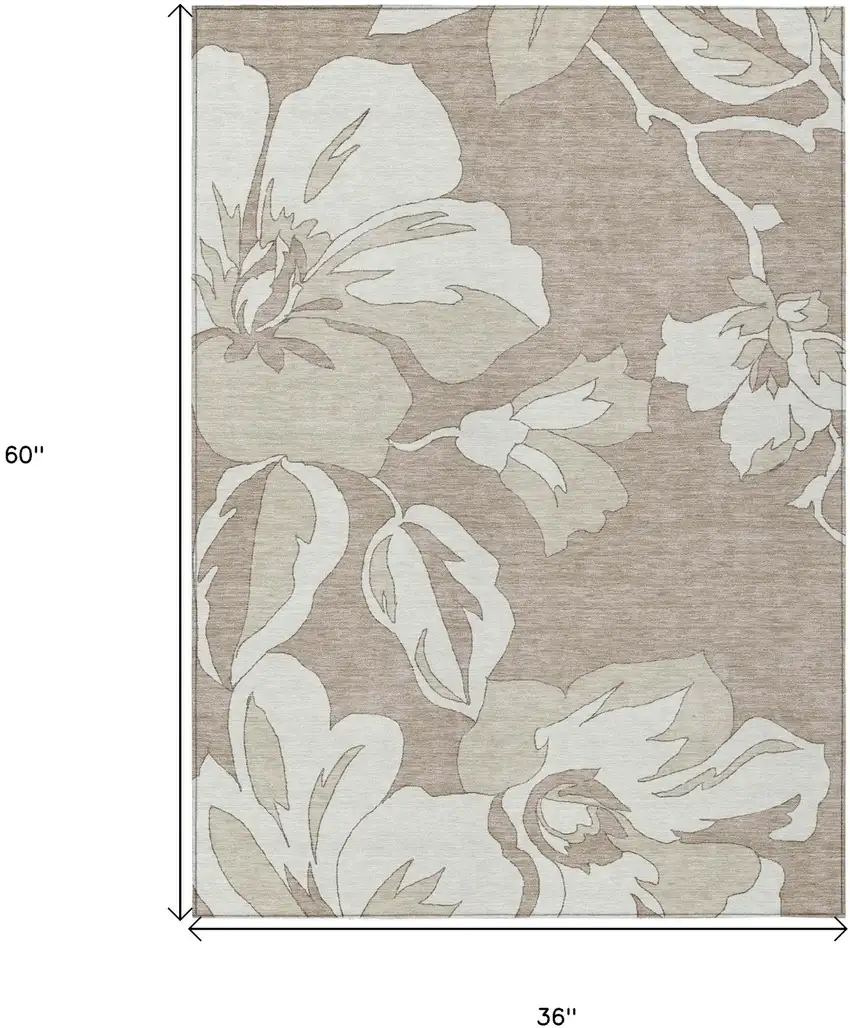 Taupe Beige And Ivory Floral Washable Indoor Outdoor Area Rug Photo 3
