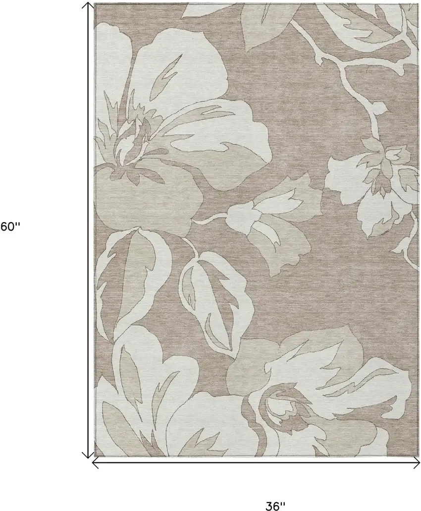 Taupe Beige And Ivory Floral Washable Indoor Outdoor Area Rug Photo 3