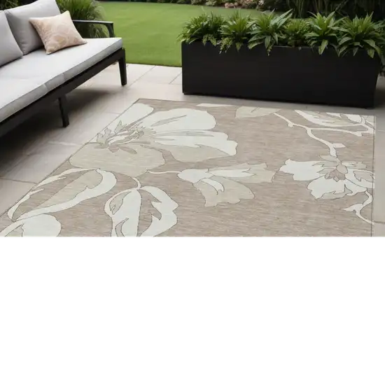 Taupe Beige And Ivory Floral Washable Indoor Outdoor Area Rug Photo 1