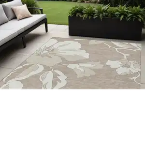 Photo of Taupe Beige And Ivory Floral Washable Indoor Outdoor Area Rug