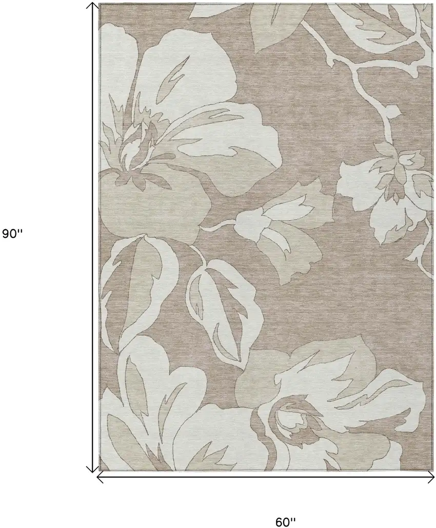 Taupe Beige And Ivory Floral Washable Indoor Outdoor Area Rug Photo 3