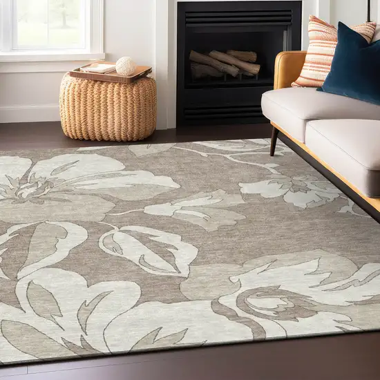 Taupe Beige And Ivory Floral Washable Indoor Outdoor Area Rug Photo 9