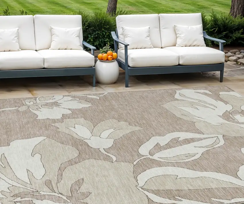 Taupe Beige And Ivory Floral Washable Indoor Outdoor Area Rug Photo 1