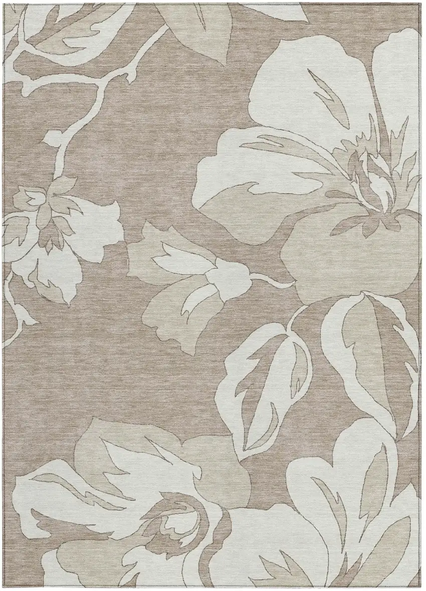 Taupe Beige And Ivory Floral Washable Indoor Outdoor Area Rug Photo 8