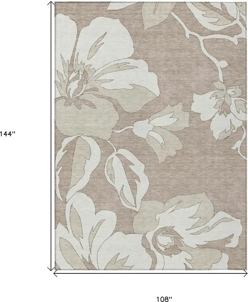 Taupe Beige And Ivory Floral Washable Indoor Outdoor Area Rug Photo 3