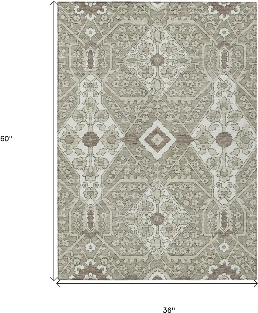 Taupe Beige And Ivory Floral Washable Indoor Outdoor Area Rug Photo 3