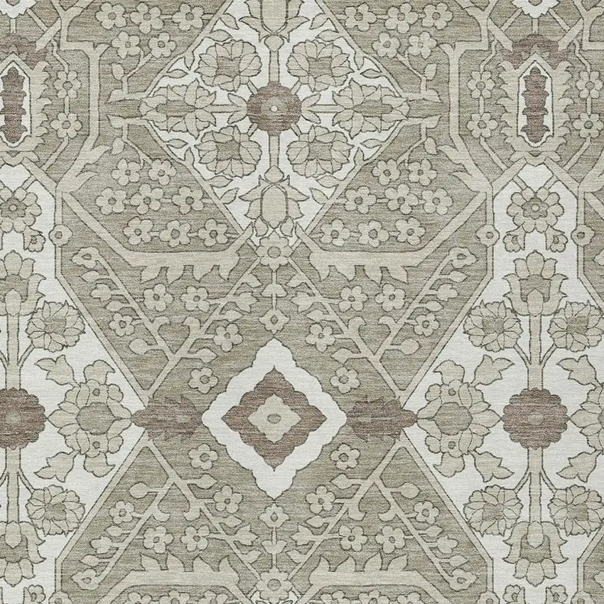 Taupe Beige And Ivory Floral Washable Indoor Outdoor Area Rug Photo 6