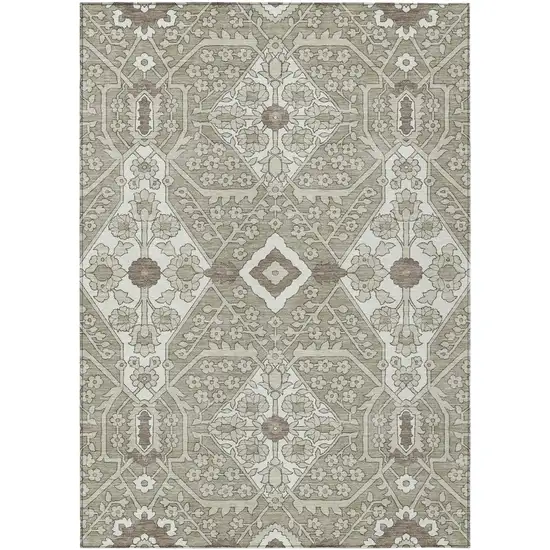 Taupe Beige And Ivory Floral Washable Indoor Outdoor Area Rug Photo 2