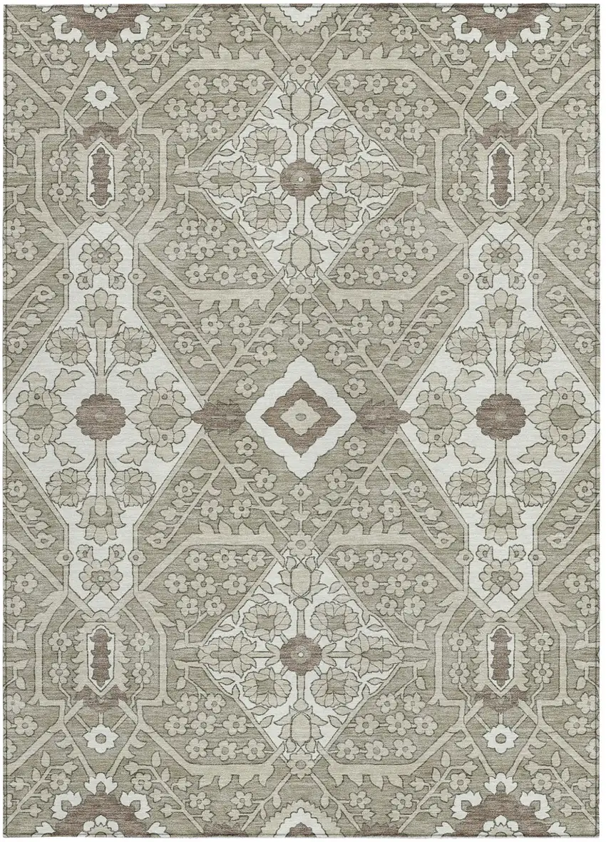 Taupe Beige And Ivory Floral Washable Indoor Outdoor Area Rug Photo 8