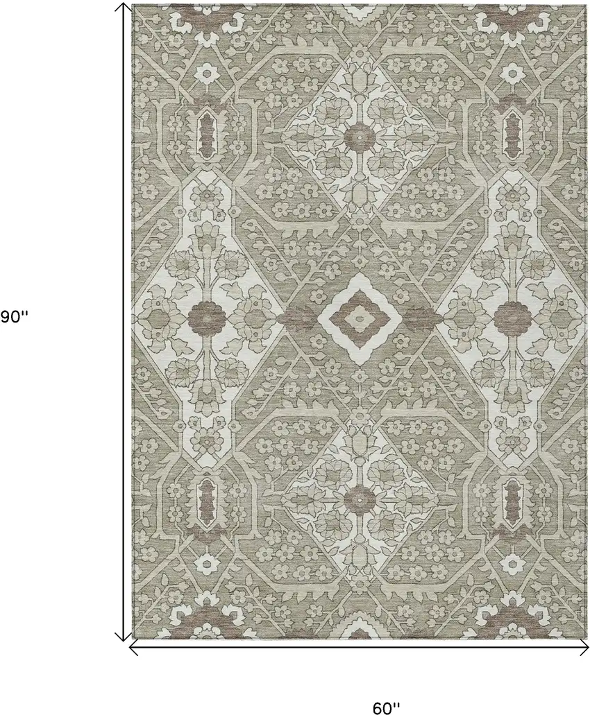 Taupe Beige And Ivory Floral Washable Indoor Outdoor Area Rug Photo 3