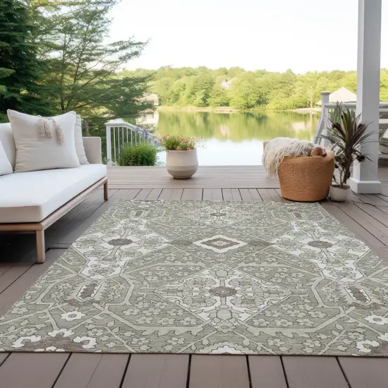 Taupe Beige And Ivory Floral Washable Indoor Outdoor Area Rug Photo 9