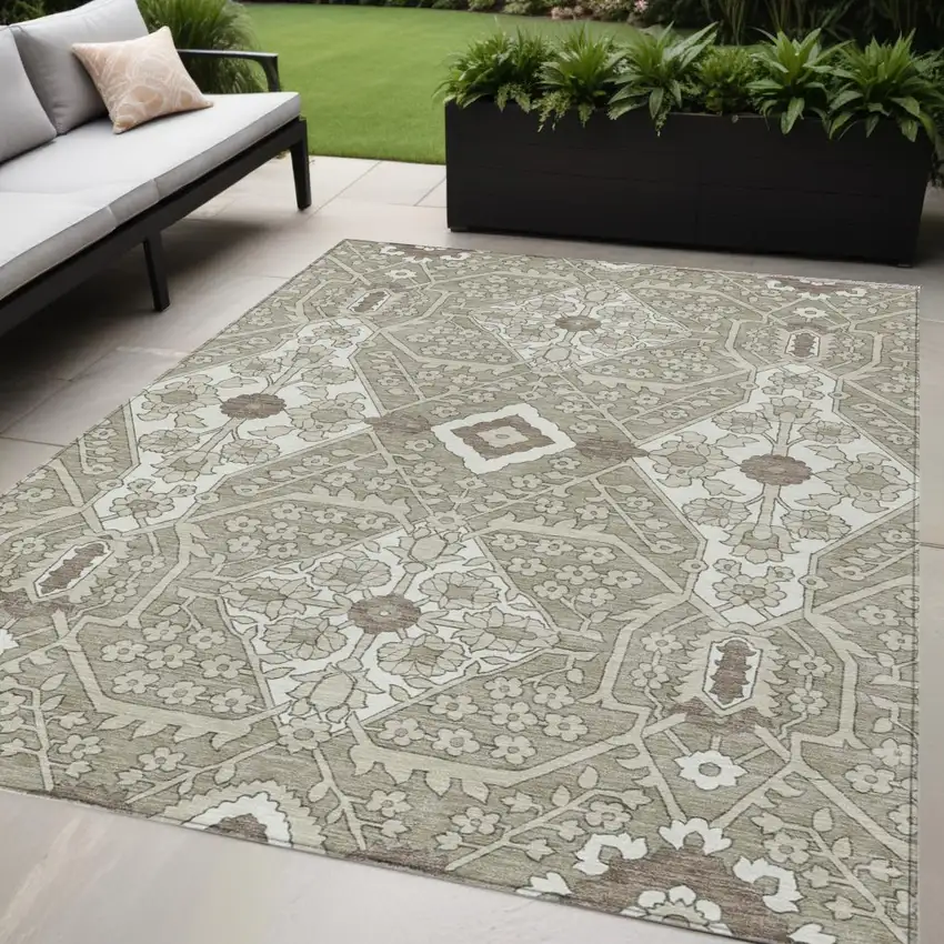 Taupe Beige And Ivory Floral Washable Indoor Outdoor Area Rug Photo 1