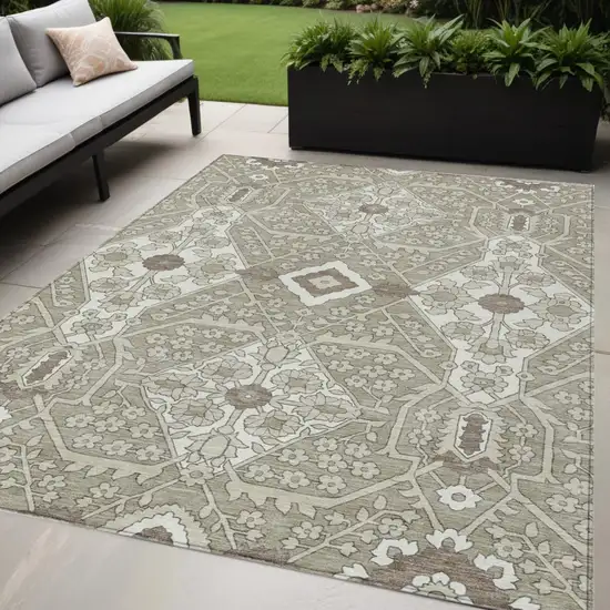 Taupe Beige And Ivory Floral Washable Indoor Outdoor Area Rug Photo 1