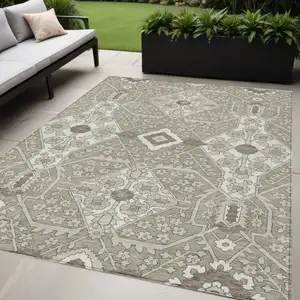 Photo of Taupe Beige And Ivory Floral Washable Indoor Outdoor Area Rug
