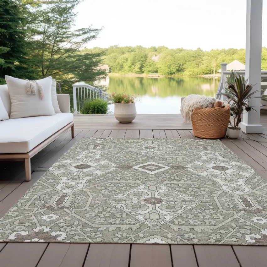 Taupe Beige And Ivory Floral Washable Indoor Outdoor Area Rug Photo 9