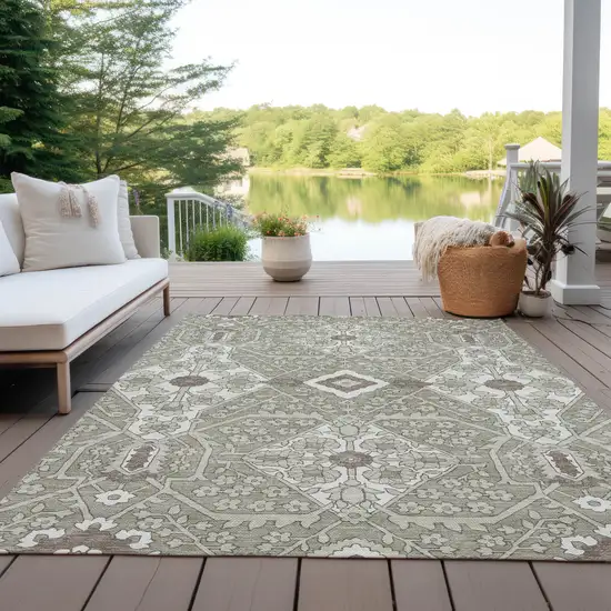 Taupe Beige And Ivory Floral Washable Indoor Outdoor Area Rug Photo 9