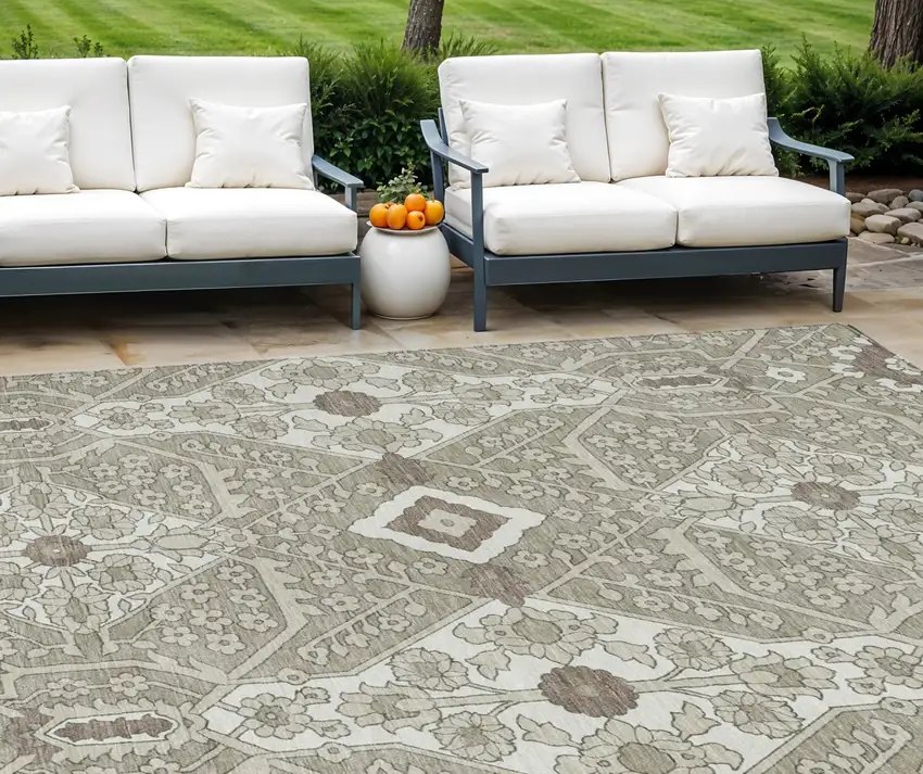 Taupe Beige And Ivory Floral Washable Indoor Outdoor Area Rug Photo 1