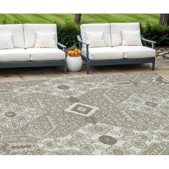Taupe Beige And Ivory Floral Washable Indoor Outdoor Area Rug Photo 1