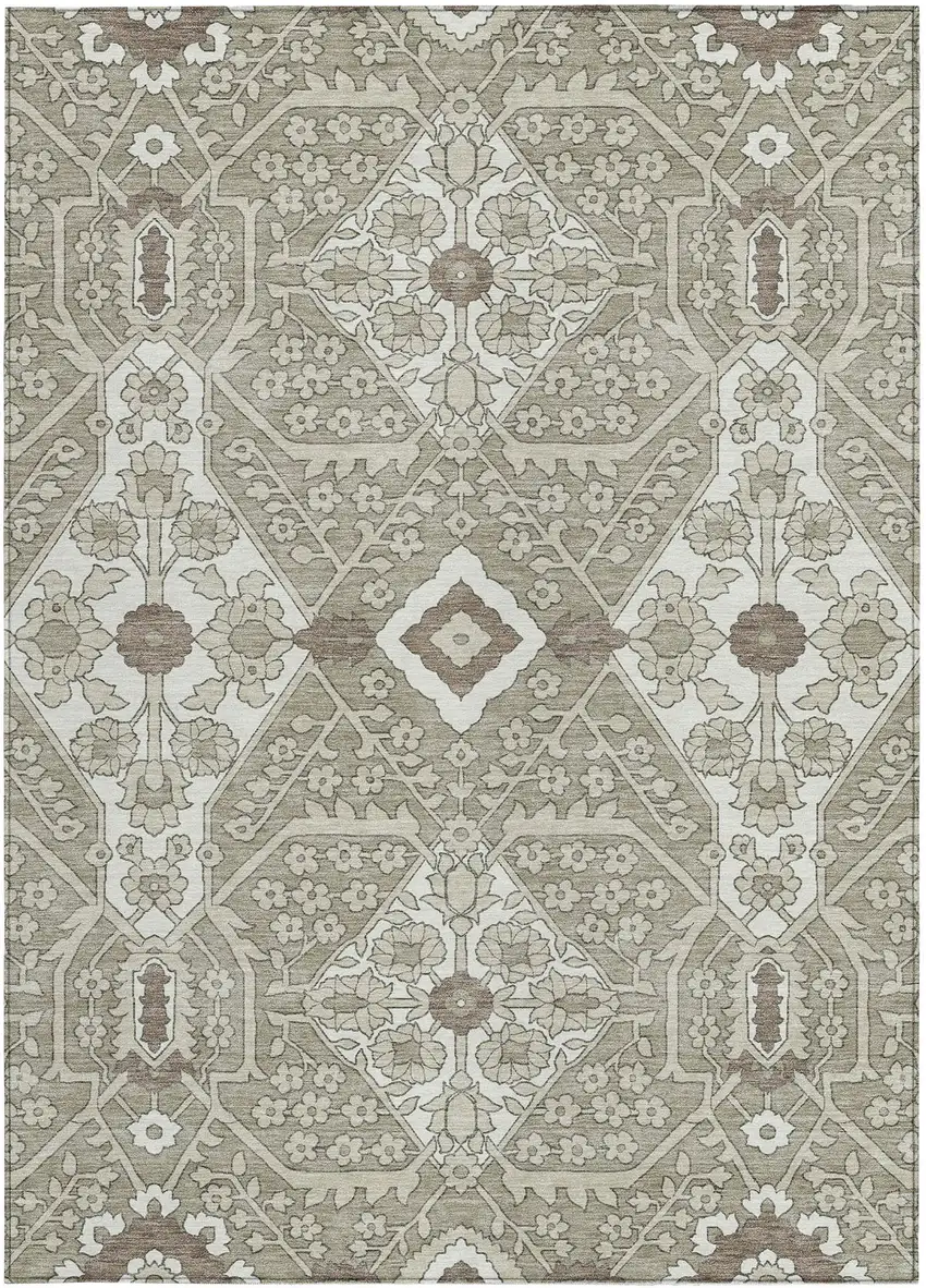 Taupe Beige And Ivory Floral Washable Indoor Outdoor Area Rug Photo 8