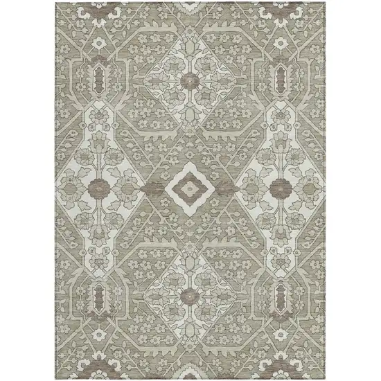 Taupe Beige And Ivory Floral Washable Indoor Outdoor Area Rug Photo 8