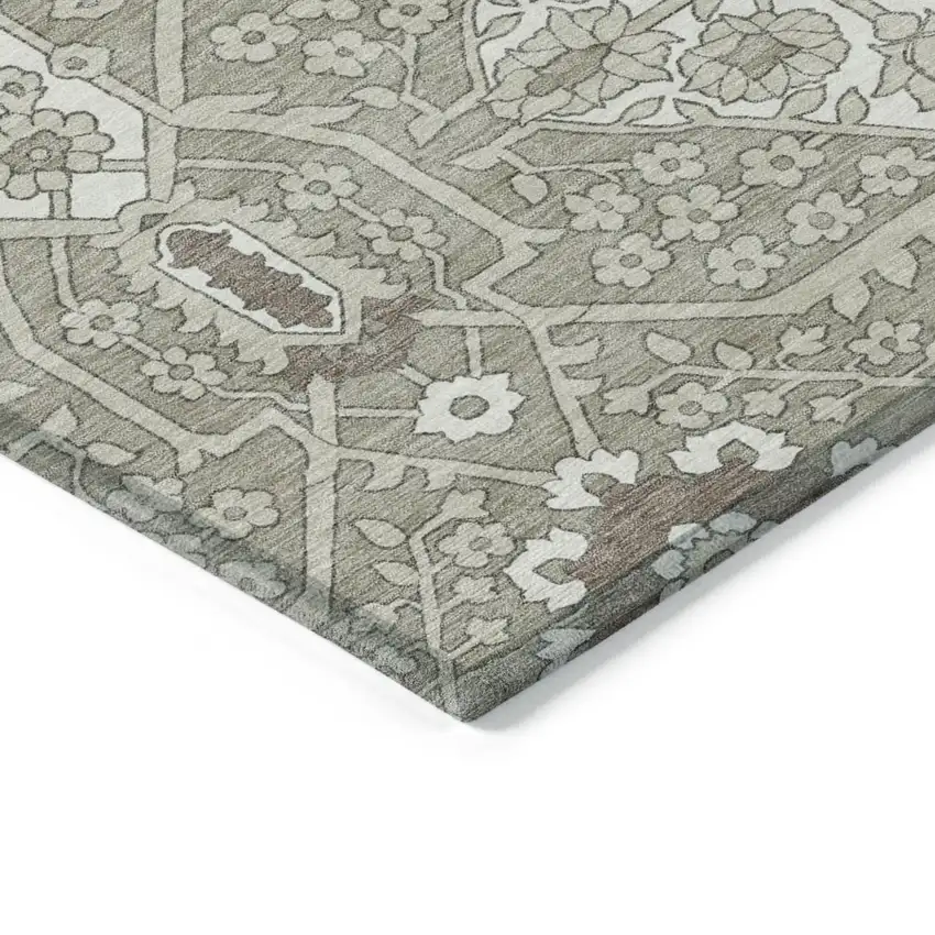 Taupe Beige And Ivory Floral Washable Indoor Outdoor Area Rug Photo 5