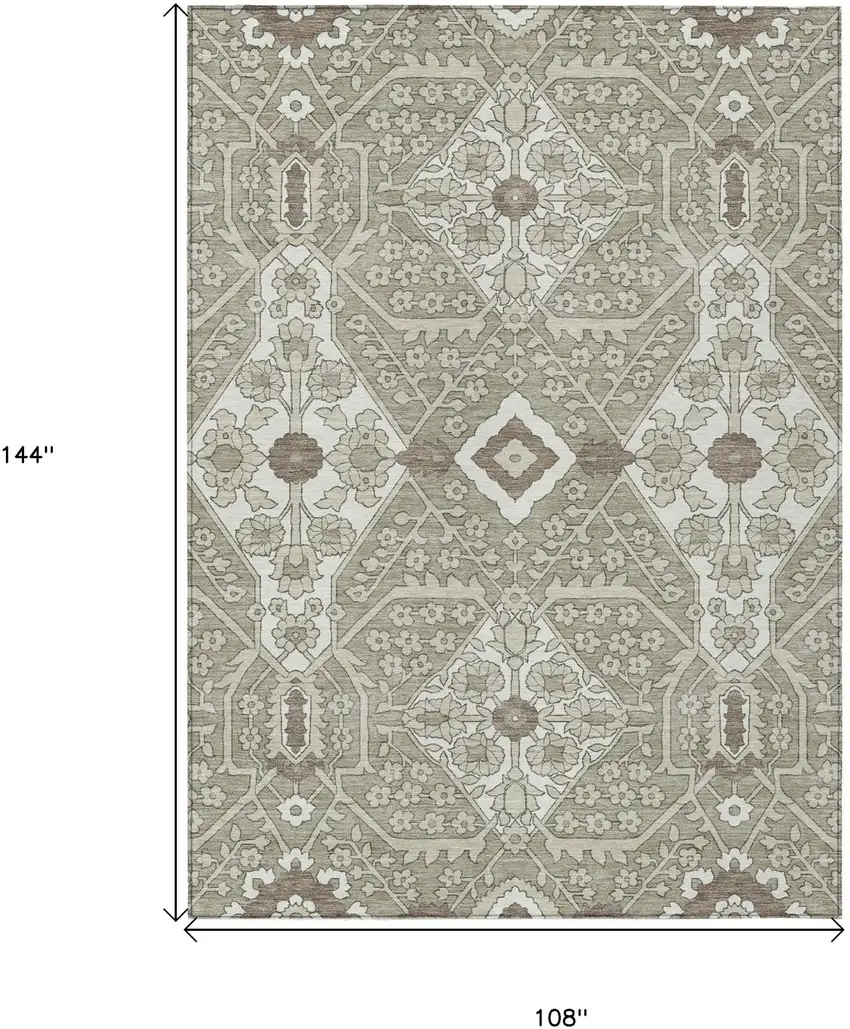 Taupe Beige And Ivory Floral Washable Indoor Outdoor Area Rug Photo 3