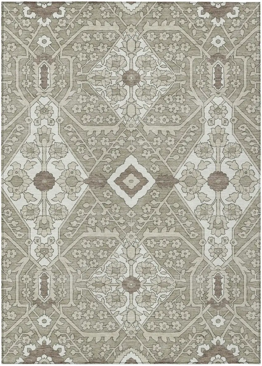 Taupe Beige And Ivory Floral Washable Indoor Outdoor Area Rug Photo 2
