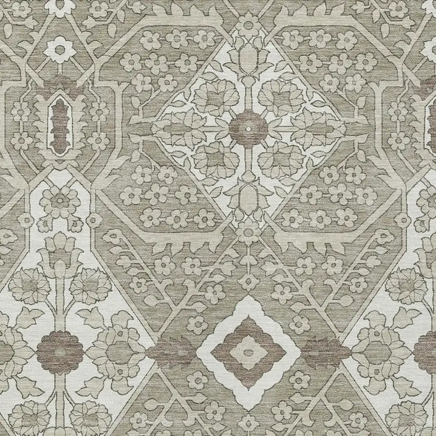 Taupe Beige And Ivory Floral Washable Indoor Outdoor Area Rug Photo 6