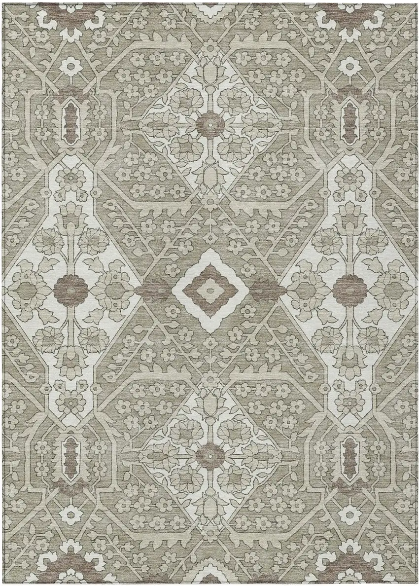 Taupe Beige And Ivory Floral Washable Indoor Outdoor Area Rug Photo 2