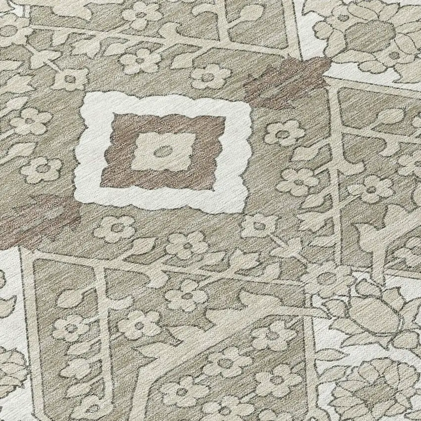 Taupe Beige And Ivory Floral Washable Indoor Outdoor Area Rug Photo 7
