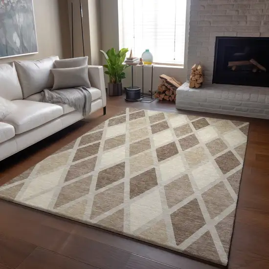 Taupe Beige And Ivory Geometric Washable Area Rug With UV Protection Photo 6