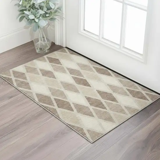 Taupe Beige And Ivory Geometric Washable Area Rug With UV Protection Photo 2