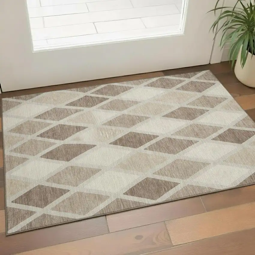 Taupe Beige And Ivory Geometric Washable Area Rug With UV Protection Photo 1