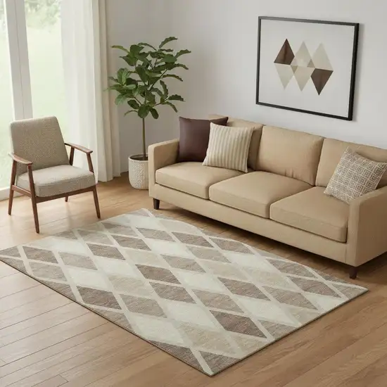 Taupe Beige And Ivory Geometric Washable Area Rug With UV Protection Photo 1