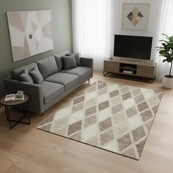 Taupe Beige And Ivory Geometric Washable Area Rug With UV Protection Photo 2