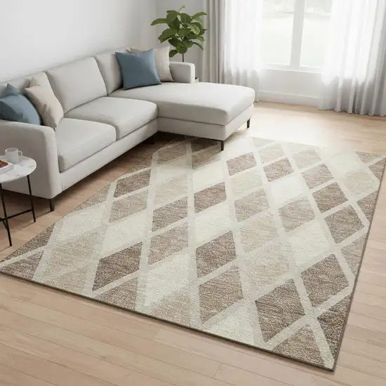 Taupe Beige And Ivory Geometric Washable Area Rug With UV Protection Photo 2