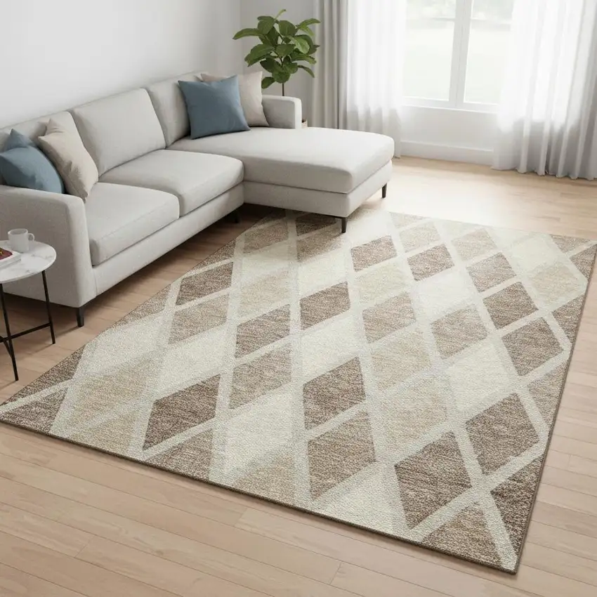 Taupe Beige And Ivory Geometric Washable Area Rug With UV Protection Photo 2