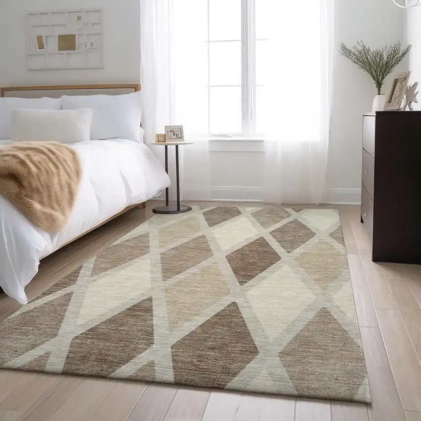 Taupe Beige And Ivory Geometric Washable Area Rug With UV Protection Photo 5