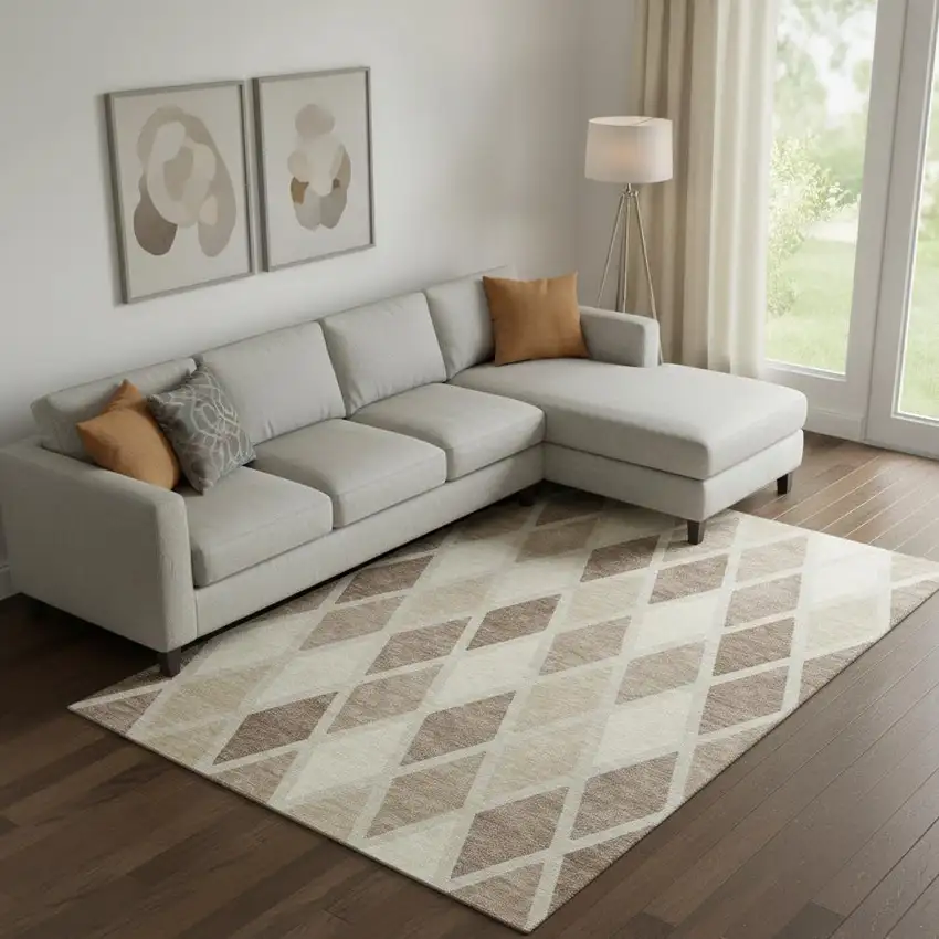 Taupe Beige And Ivory Geometric Washable Area Rug With UV Protection Photo 1