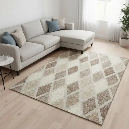 Taupe Beige And Ivory Geometric Washable Area Rug With UV Protection Photo 2