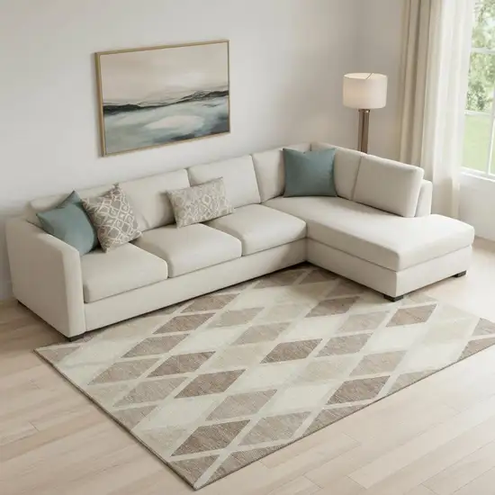 Taupe Beige And Ivory Geometric Washable Area Rug With UV Protection Photo 1