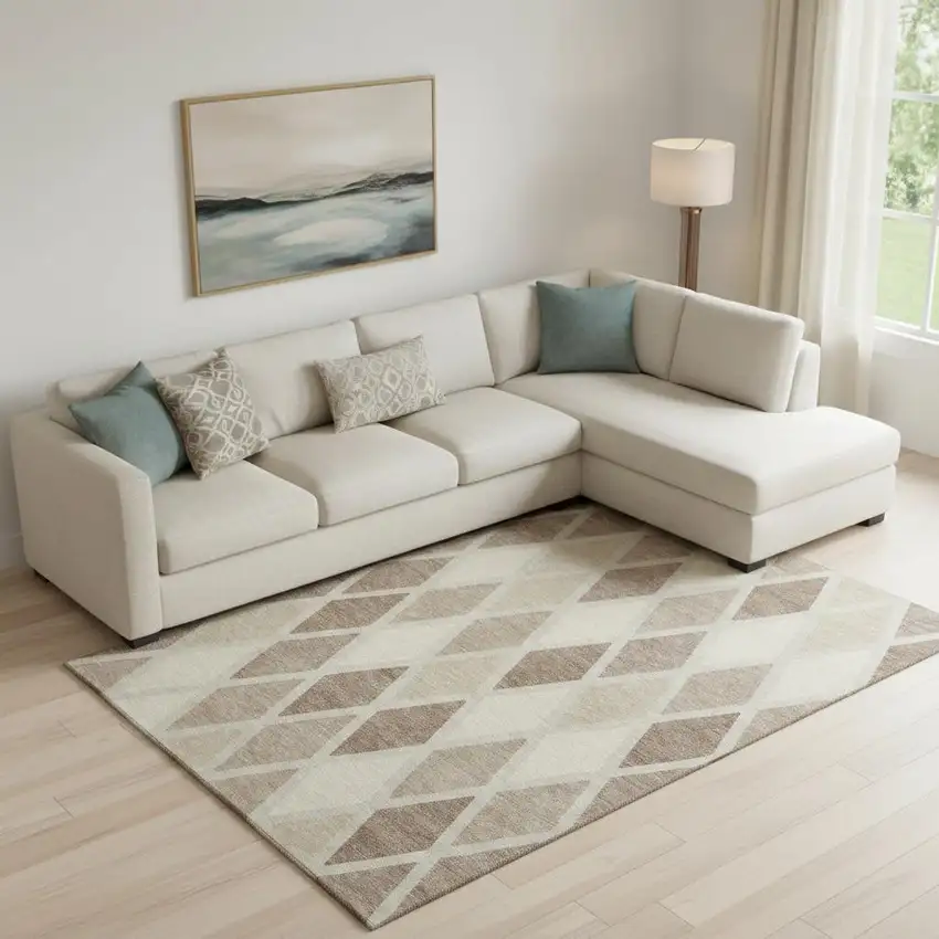 Taupe Beige And Ivory Geometric Washable Area Rug With UV Protection Photo 1