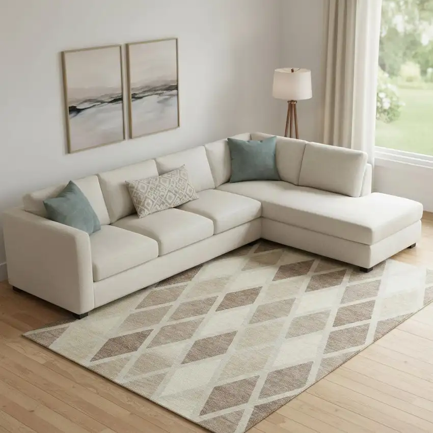 Taupe Beige And Ivory Geometric Washable Area Rug With UV Protection Photo 1