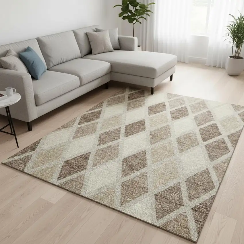 Taupe Beige And Ivory Geometric Washable Area Rug With UV Protection Photo 2