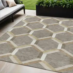 Photo of Taupe Beige And Ivory Geometric Washable Indoor Outdoor Area Rug