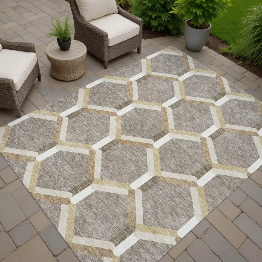 Taupe Beige And Ivory Geometric Washable Indoor Outdoor Area Rug Photo 7
