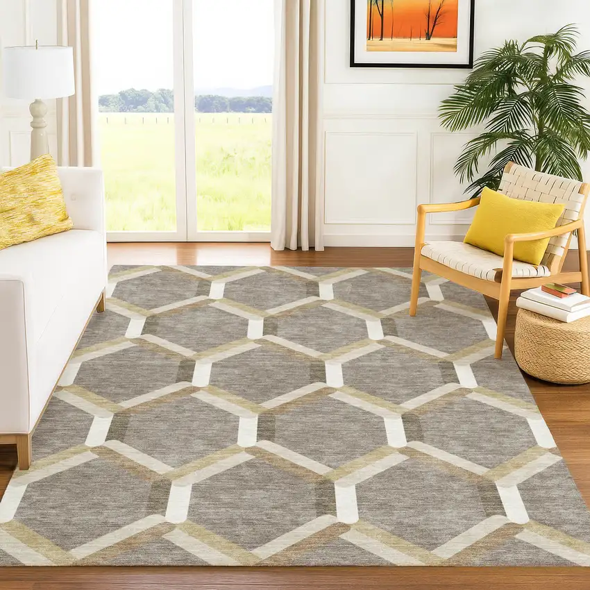 Taupe Beige And Ivory Geometric Washable Indoor Outdoor Area Rug Photo 9