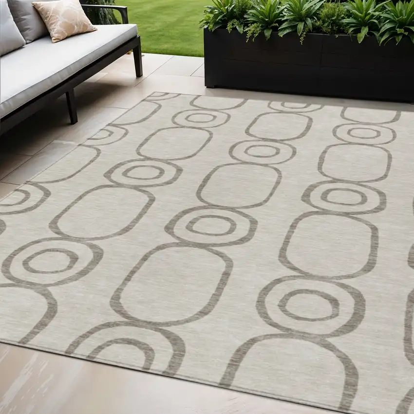 Taupe Beige And Ivory Geometric Washable Indoor Outdoor Area Rug Photo 1