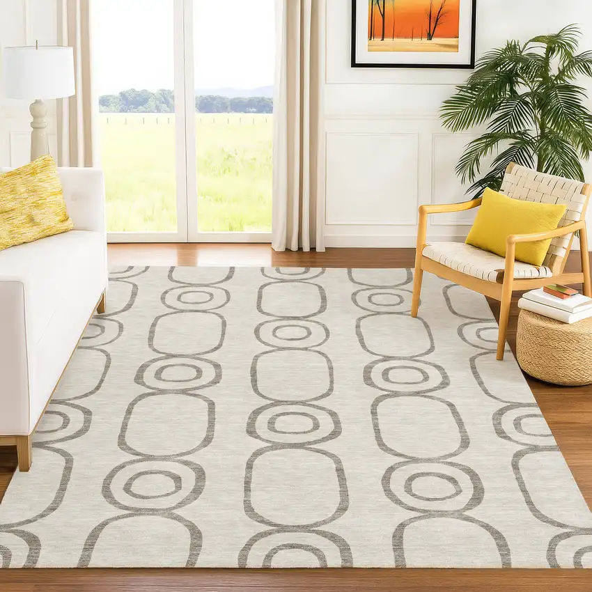 Taupe Beige And Ivory Geometric Washable Indoor Outdoor Area Rug Photo 8