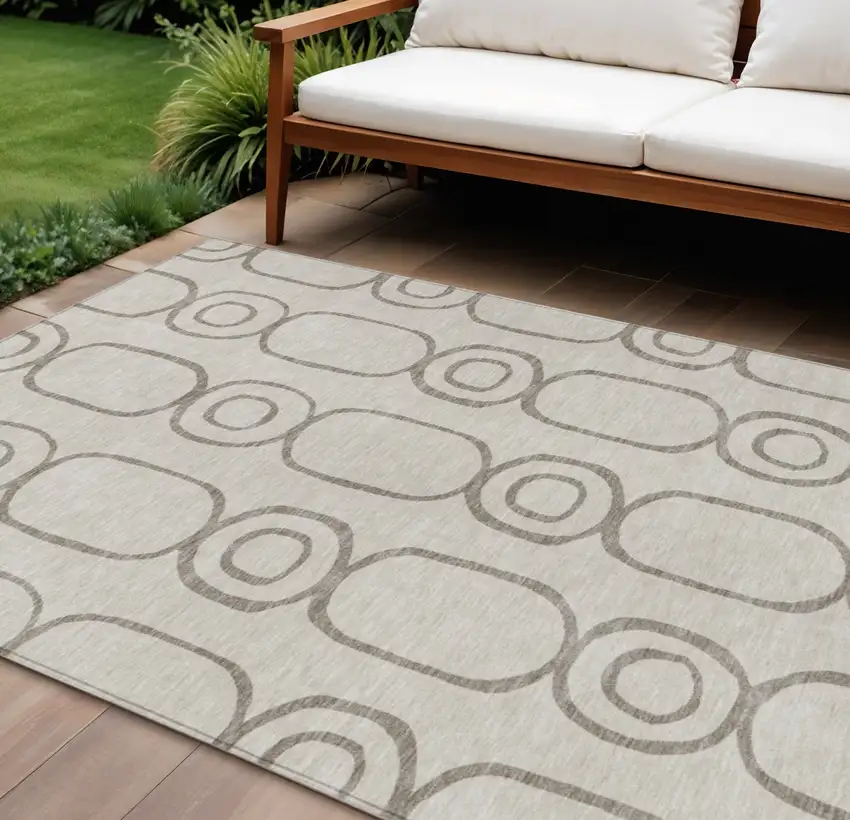 Taupe Beige And Ivory Geometric Washable Indoor Outdoor Area Rug Photo 1